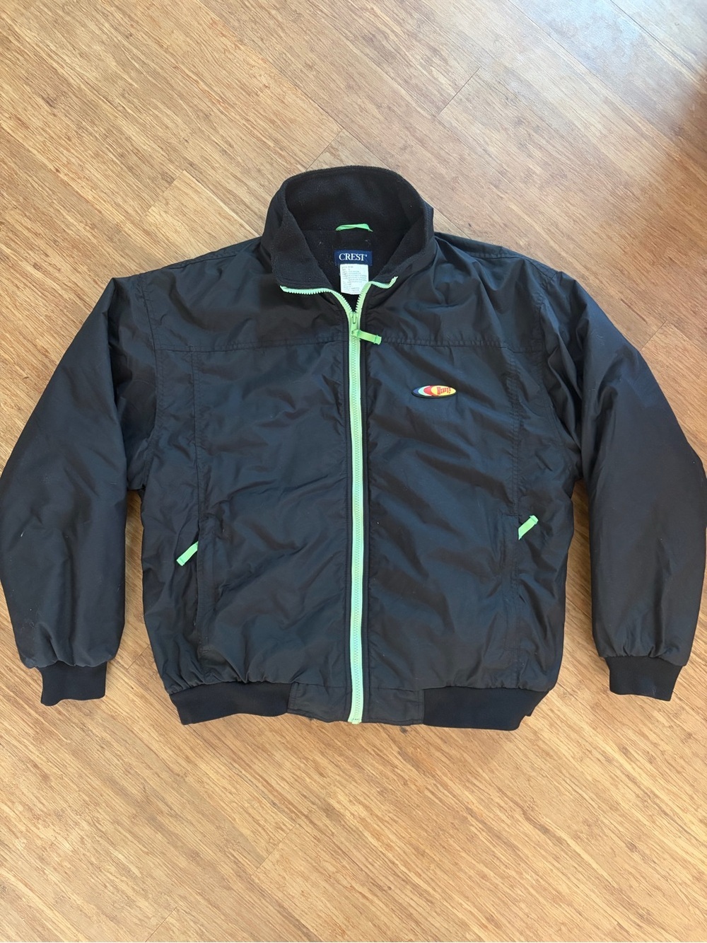 Vintage Wendy’s Crest Fleece Lined Bomber Jacket Black Neon Lime Green Sz L